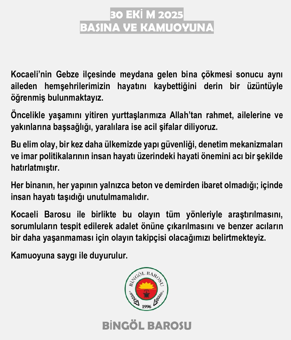 Bingöl Barosu Açıklama