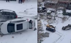 Buzlu Yolda Kayan Cipin Çarptığı Park Halindeki Otomobil Devrildi