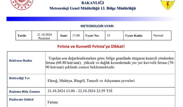 Bingöl ve Çevresine Kuvvetli Rüzgar Uyarısı