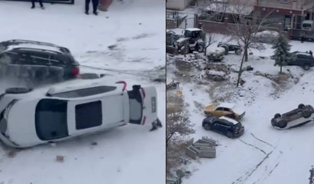 Buzlu Yolda Kayan Cipin Çarptığı Park Halindeki Otomobil Devrildi